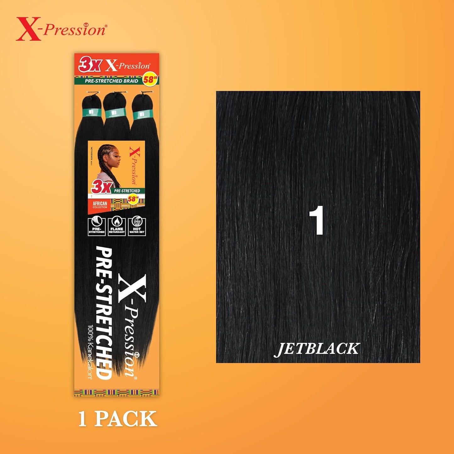 Sensationnel X-pression prestretched braiding hair - 3x braid 58 inch all kanekalon flame retardant synthetic braid for box braids and twists (1 pack, 1 JETBLACK)