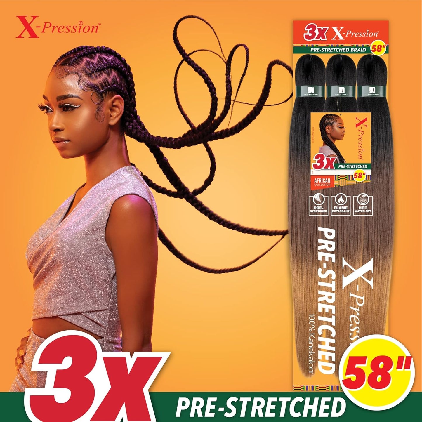 Sensationnel X-pression prestretched braiding hair - 3x braid 58 inch all kanekalon flame retardant synthetic braid for box braids and twists (1 pack, 1 JETBLACK)
