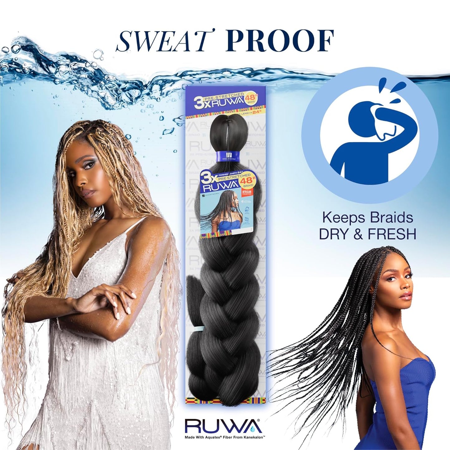 Sensationnel Ruwa prestretched braiding hair - 3x ruwa 48 inch 24 folded water repellent kanekalon fiber fast dry sports braid - 3x Ruwa 24 inch (2 pack, blue)