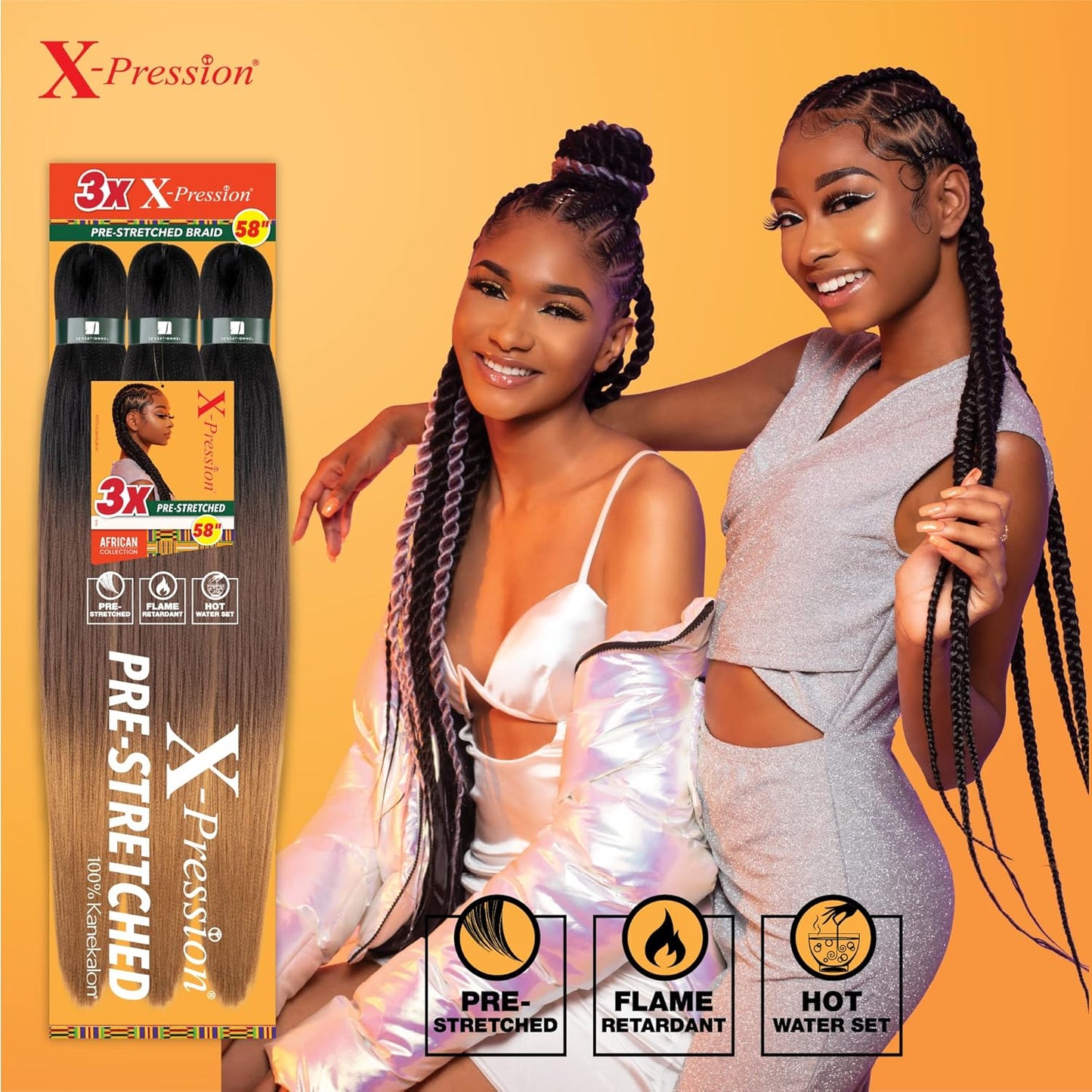 Sensationnel X-pression prestretched braiding hair - 3x braid 58 inch all kanekalon flame retardant synthetic braid for box braids and twists (1 pack, 1 JETBLACK)
